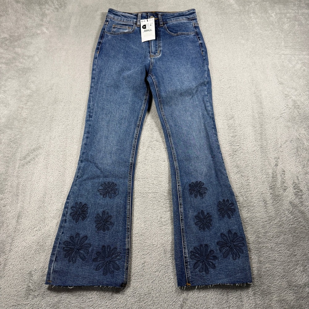 Desigual Flared Cropped Jeans Women 26 Blue Floral Embroidered High Rise Boho